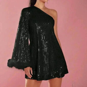 Black Party Women's Faux Fur Oblique Shoulder Long Sleeve Short Casual Dress